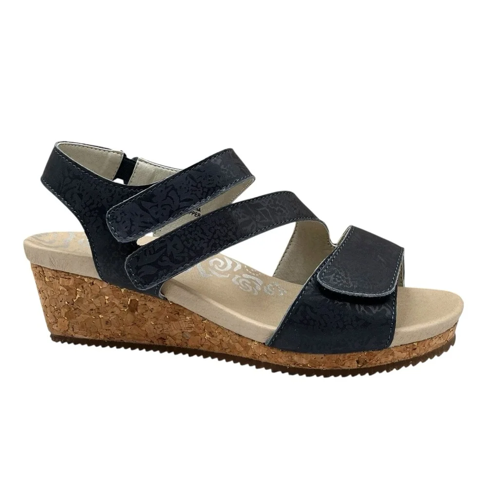Propet Women's Millie Wedge Leather Sandal Size 9.5 WIDE WIDTH Navy Blue Tan - Picture 2 of 12